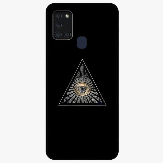 Illuminati Evil Glass Case showing flat back view with mysterious illuminati symbol artwork and glossy glass finish.