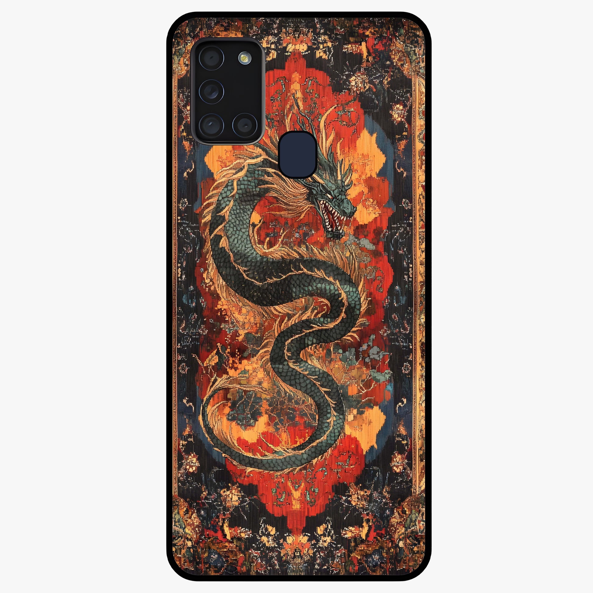 Inferno Dragon Soul Glass Case showing flat back view with fiery dragon artwork and glossy glass finish.