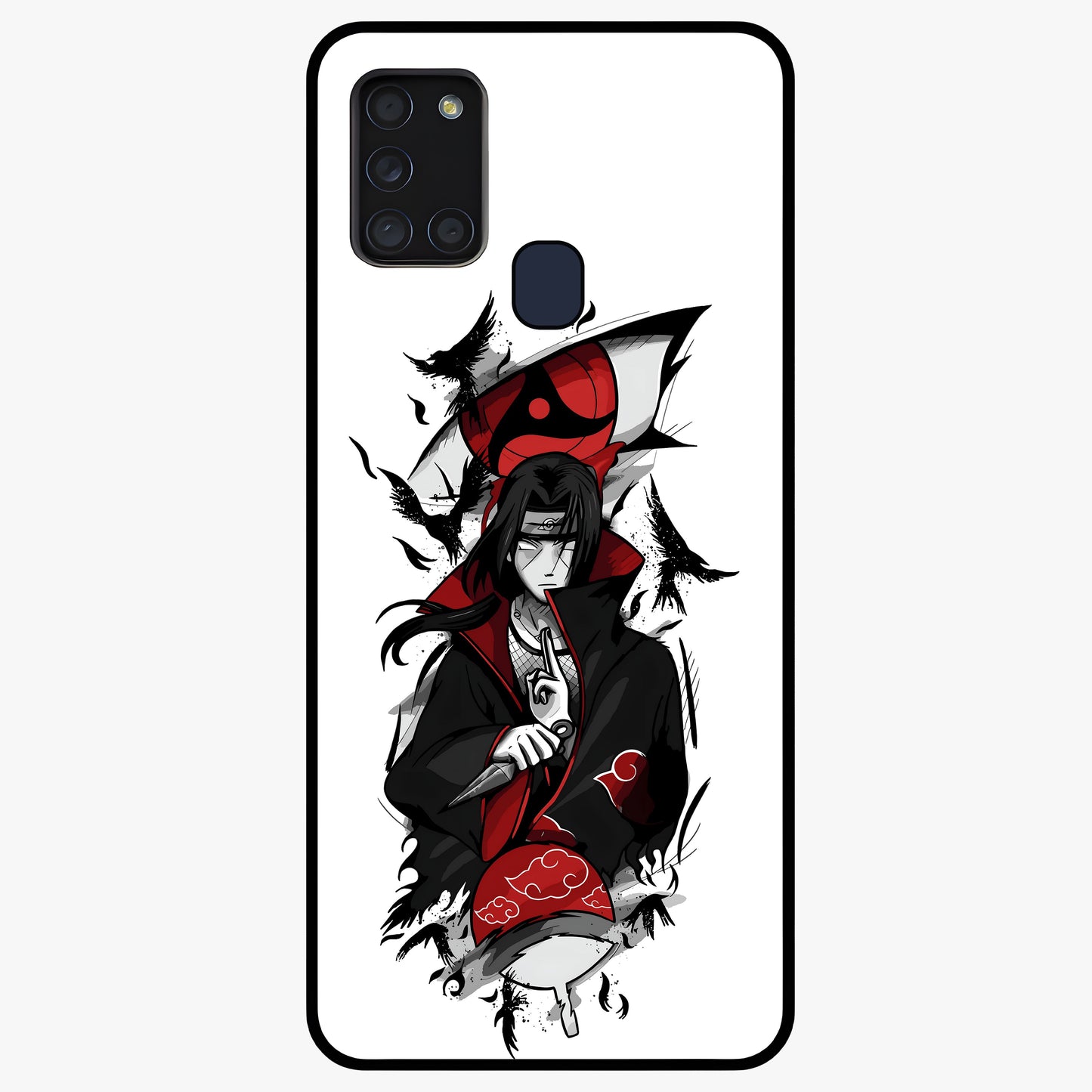Itachi Sharingan Glass Case showing flat back view with powerful anime eye artwork and glossy glass finish.