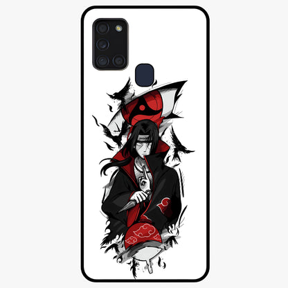 Itachi Sharingan Glass Case showing flat back view with powerful anime eye artwork and glossy glass finish.
