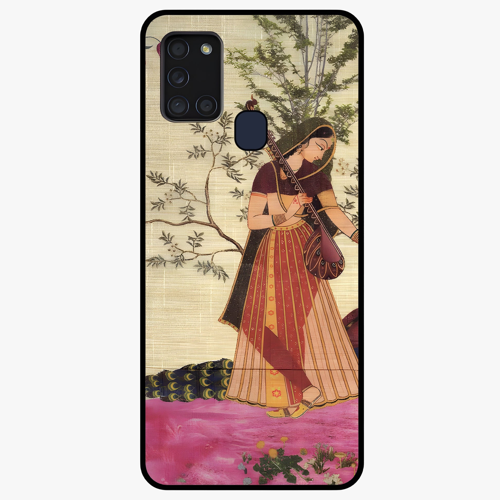 Lady With Veena Art Glass Case showing flat back view with elegant woman playing veena artwork and glossy glass finish.