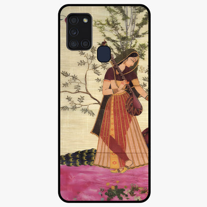 Lady With Veena Art Glass Case showing flat back view with elegant woman playing veena artwork and glossy glass finish.