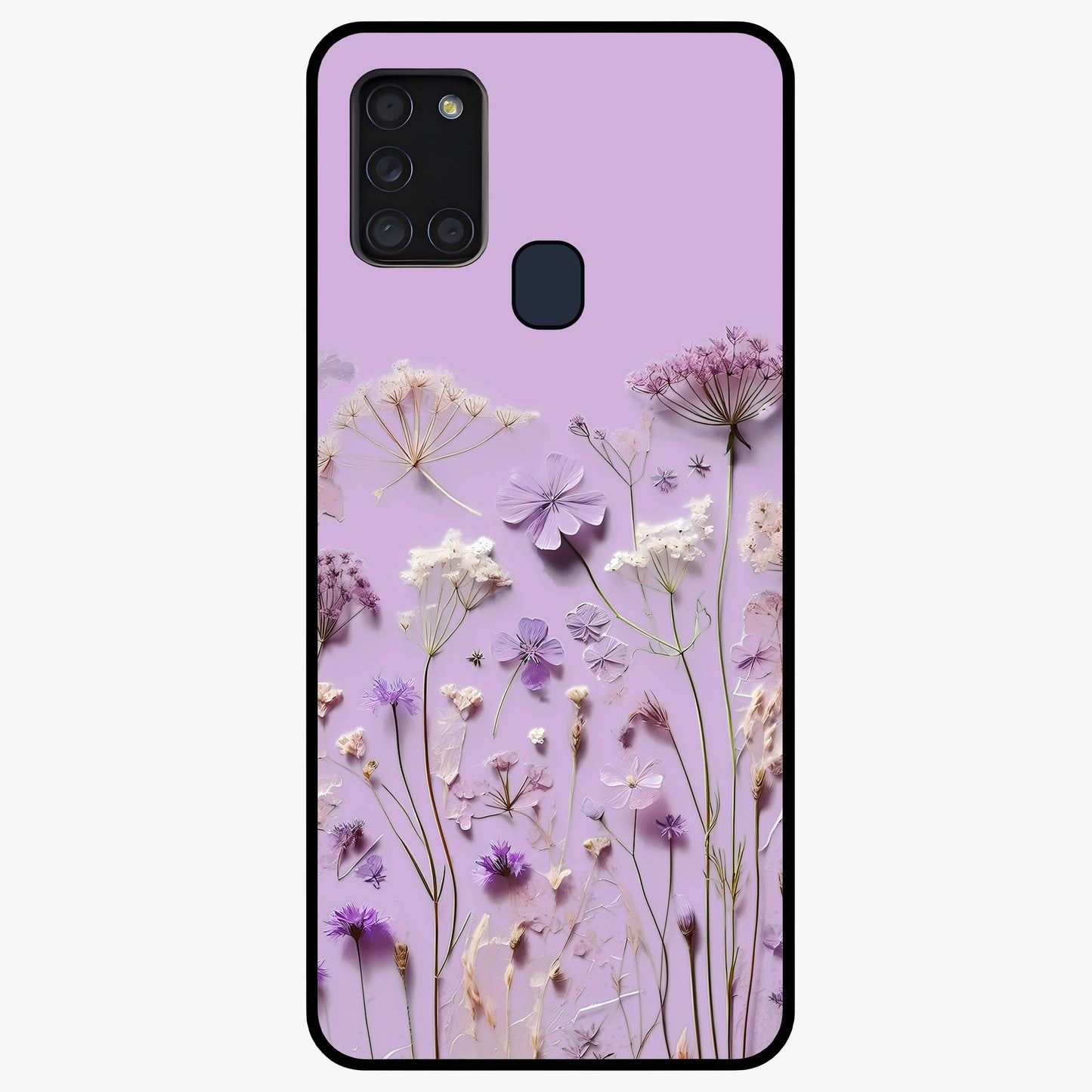 Lavender Blossom Dream Glass Case showing flat back view with soft lavender floral artwork and glossy glass finish.