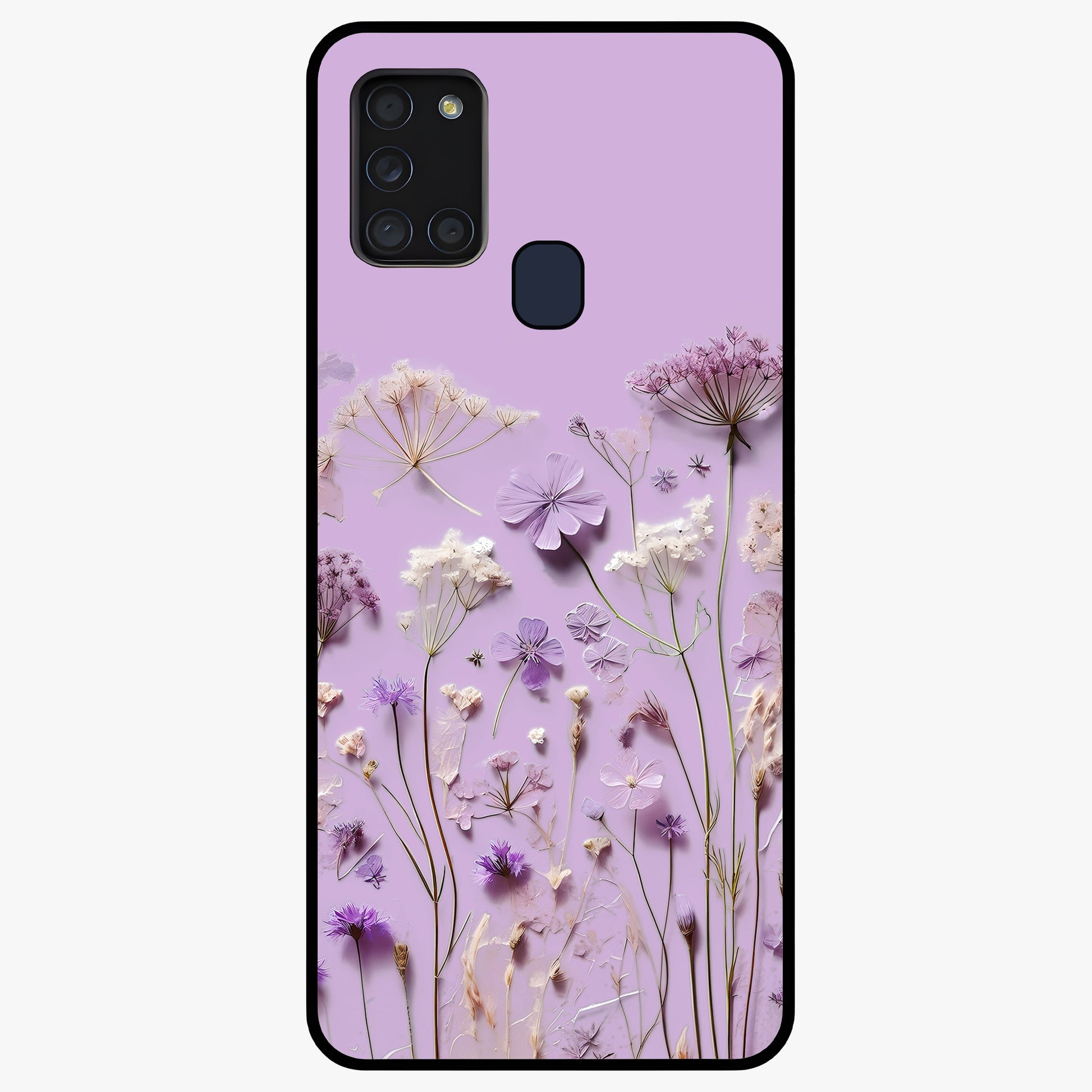 Lavender Blossom Dream Glass Case showing flat back view with soft lavender floral artwork and glossy glass finish.