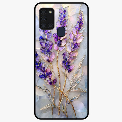 Lavender Dream Glow Glass Case showing flat back view with glowing lavender aesthetic artwork and glossy glass finish.