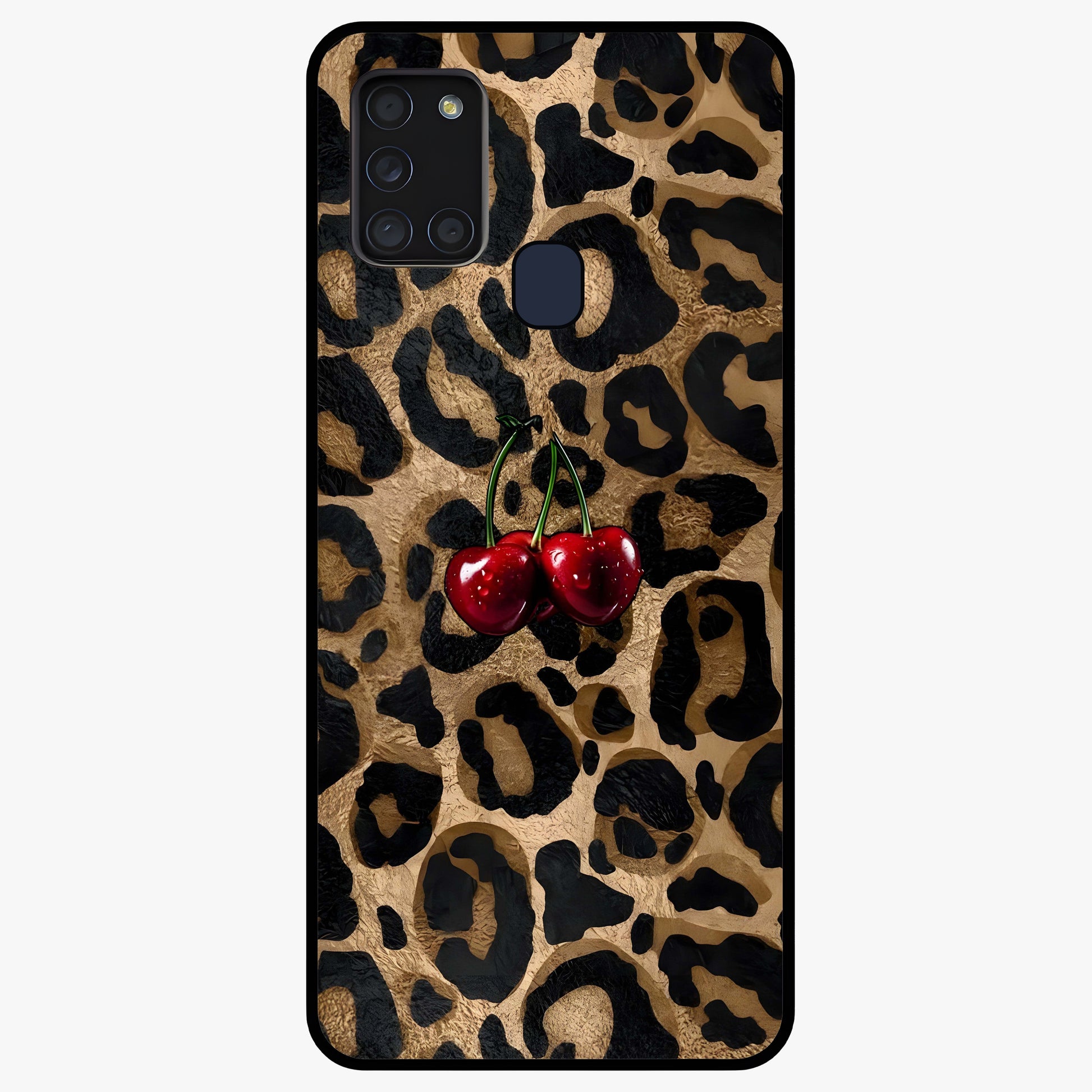 Leopard Wild Cherry Glass Case showing flat back view with leopard pattern and cherry artwork and glossy glass finish.