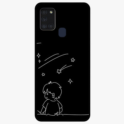Line Art Boy With Shooting Stars Glass Case showing flat back view with minimal line art boy and shooting stars illustration and glossy glass finish.