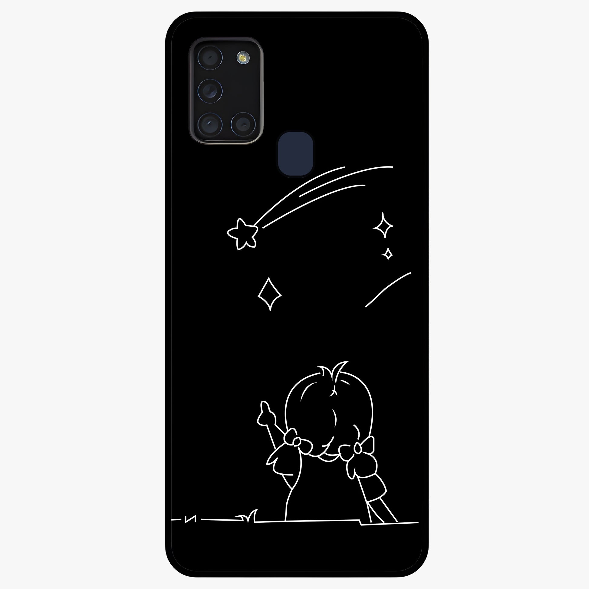 Line Art Girl With Shooting Stars Glass Case showing flat back view with minimal line art girl and shooting stars illustration and glossy glass finish.