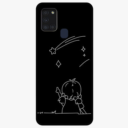 Line Art Girl With Shooting Stars Glass Case showing flat back view with minimal line art girl and shooting stars illustration and glossy glass finish.