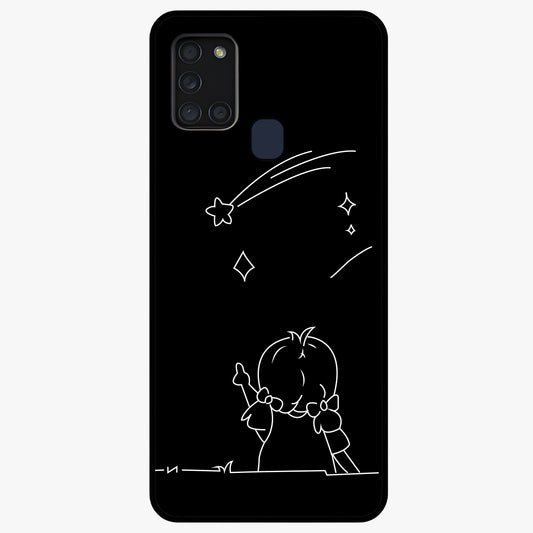 Line Art Girl With Shooting Stars Glass Case showing flat back view with minimal line art girl and shooting stars illustration and glossy glass finish.