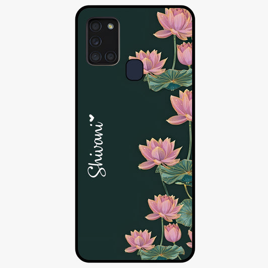 Lotus Bloom Serenity Custom Name Glass Case showing flat back view with elegant lotus flower artwork and personalized name design.
