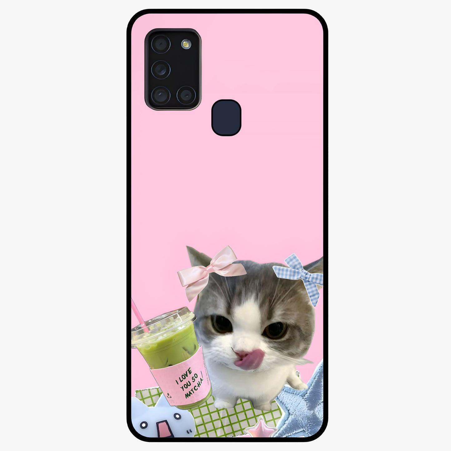Love Matcha Cat Glass Case showing flat back view with cute cat and matcha themed artwork and glossy glass finish.