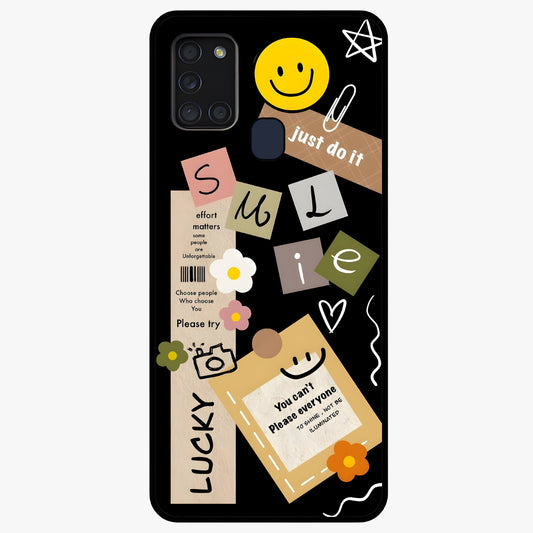 Lucky Aesthetic Collage Glass Case showing flat back view with trendy aesthetic collage artwork and glossy glass finish.