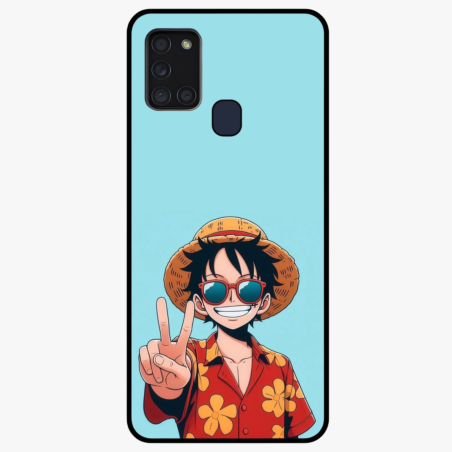 Luffy Summer Anime Vibe Glass Case showing flat back view with vibrant anime character artwork and glossy glass finish.