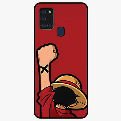 Luffy X Spirit Glass Case showing flat back view with bold anime character artwork and glossy glass finish.