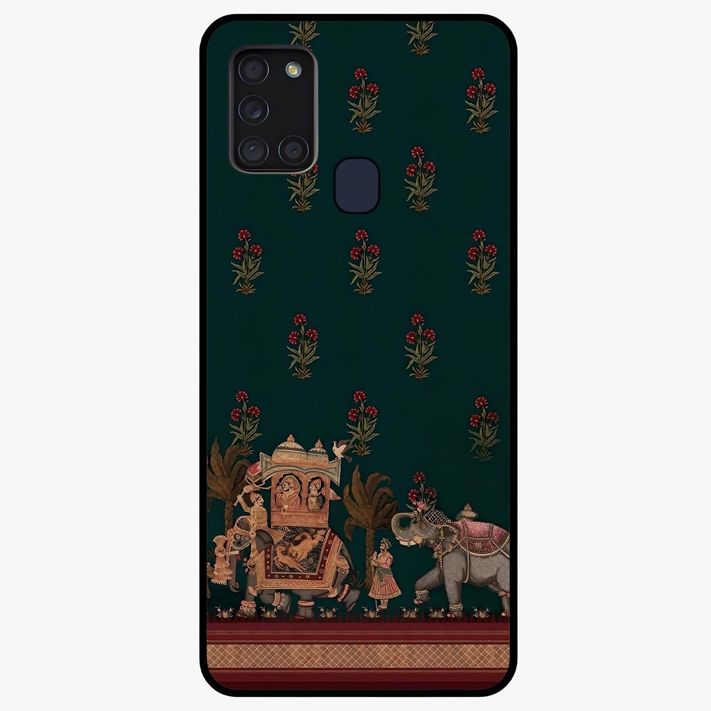 Macmerise Glass Case showing flat back view with stylish modern artwork and glossy glass finish.