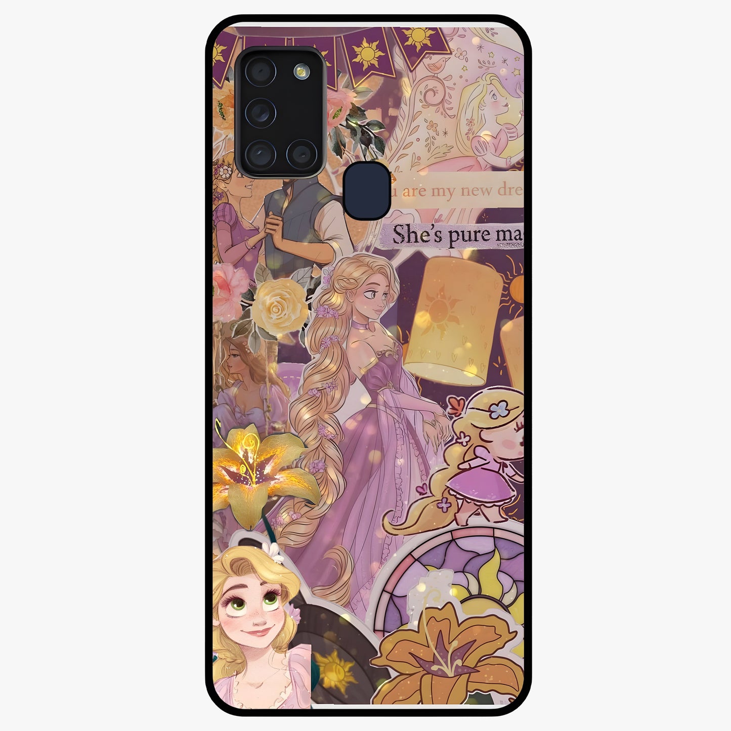 Magical Tangled Dream Glass Case showing flat back view with dreamy tangled artwork and glossy glass finish.