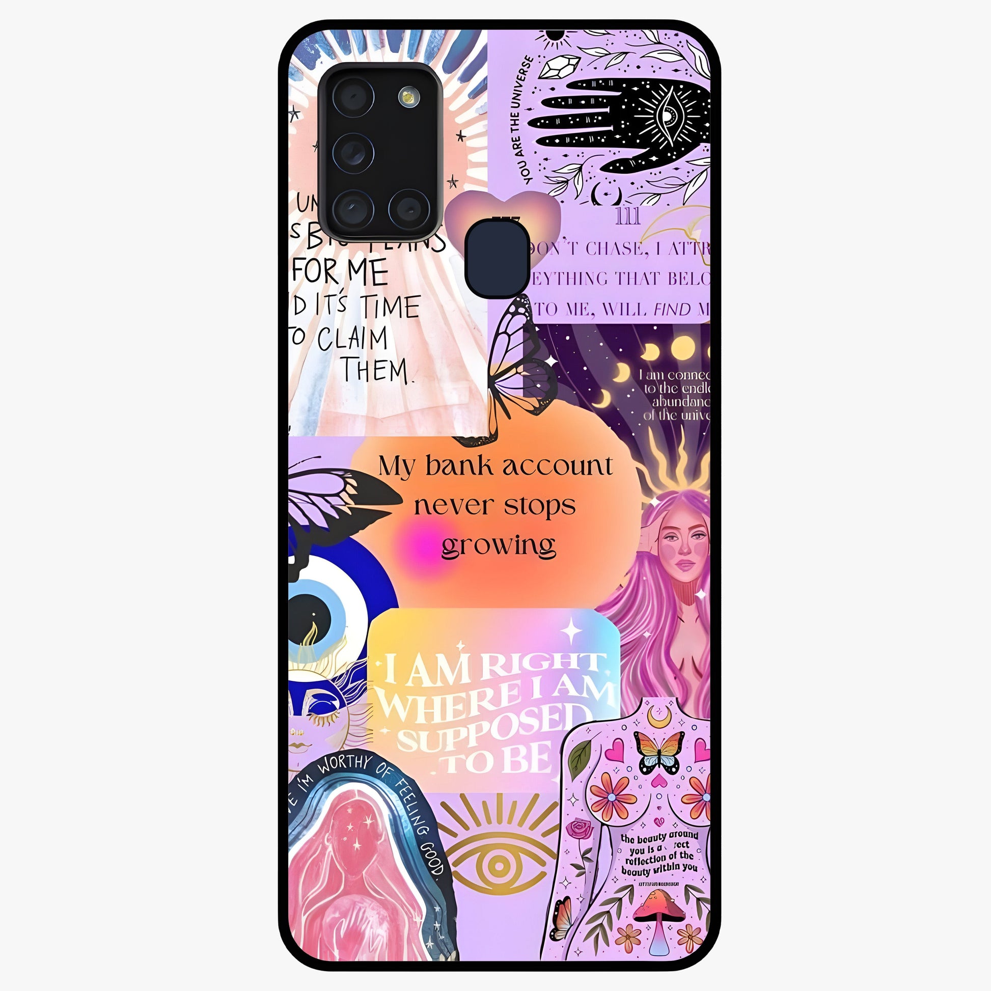 Manifestation Collage Glass Case showing flat back view with motivational collage artwork and glossy glass finish.