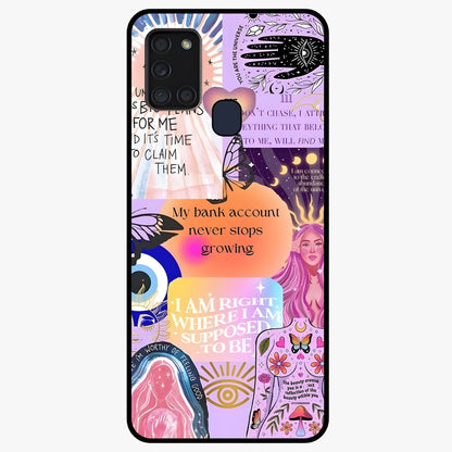 Manifestation Collage Glass Case showing flat back view with motivational collage artwork and glossy glass finish.
