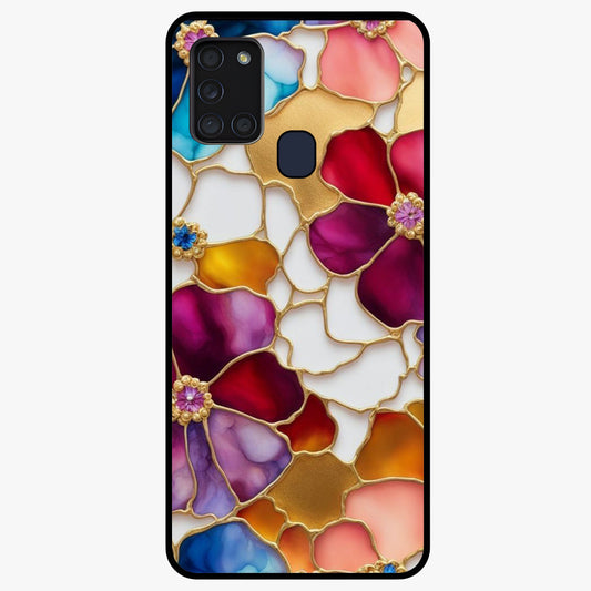 Marble Flower Pattern Glass Case showing flat back view with marble texture floral artwork and glossy glass finish.