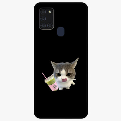 Matcha Cat Style Glass Case showing flat back view with cute matcha themed cat artwork and glossy glass finish.