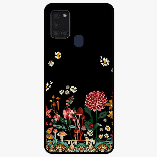 Midnight Bloom Pattern Glass Case showing flat back view with dark floral pattern artwork and glossy glass finish.