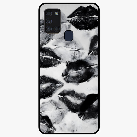 Midnight Kiss Marks Glass Case showing flat back view with lipstick kiss mark artwork and glossy glass finish.