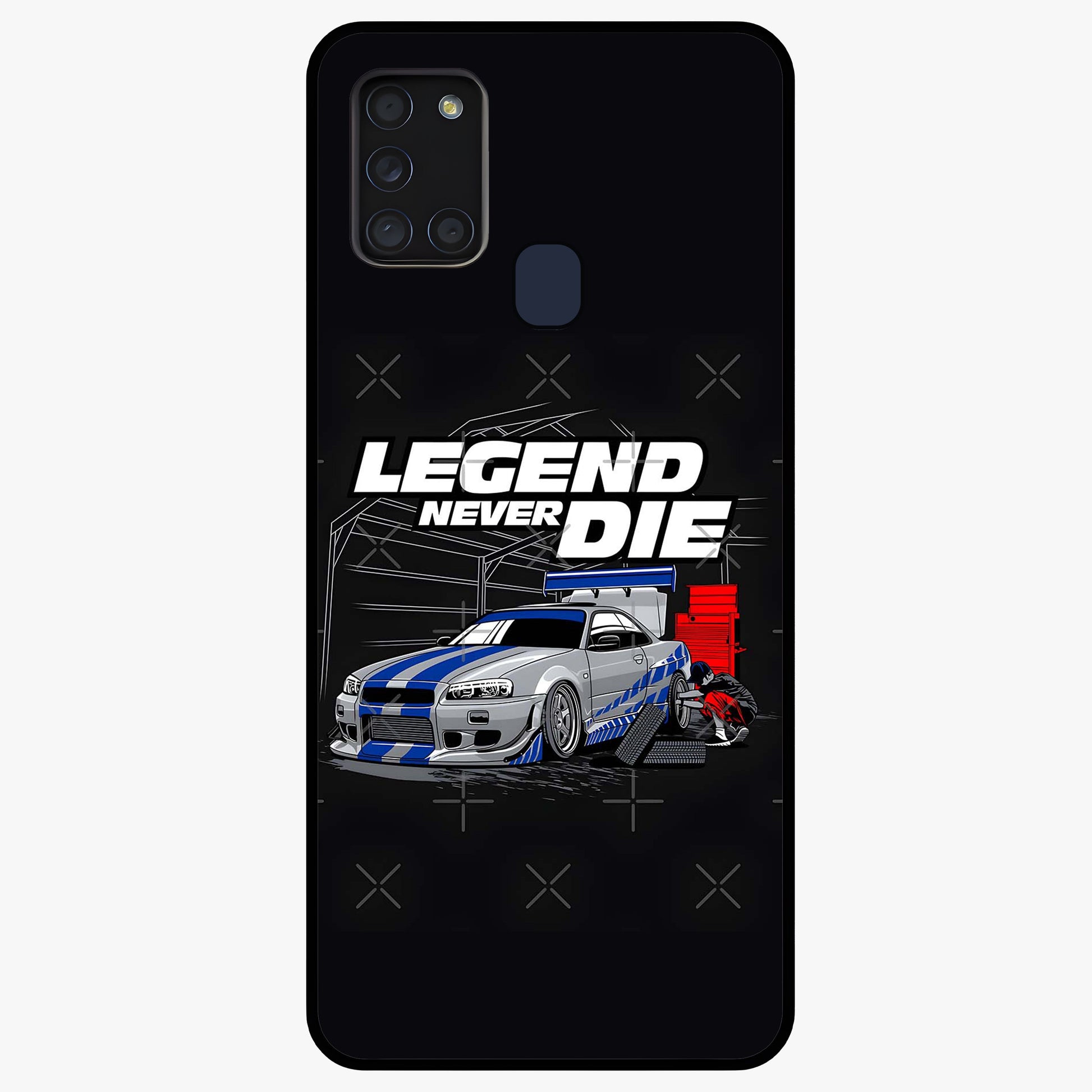 Midnight Racing Legacy Glass Case showing flat back view with sleek racing inspired artwork and glossy glass finish.