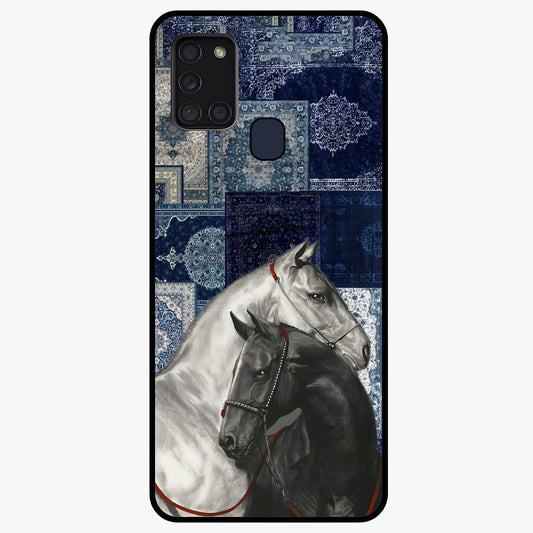 Midnight Stallion Blues Glass Case showing flat back view with majestic horse artwork and glossy glass finish.
