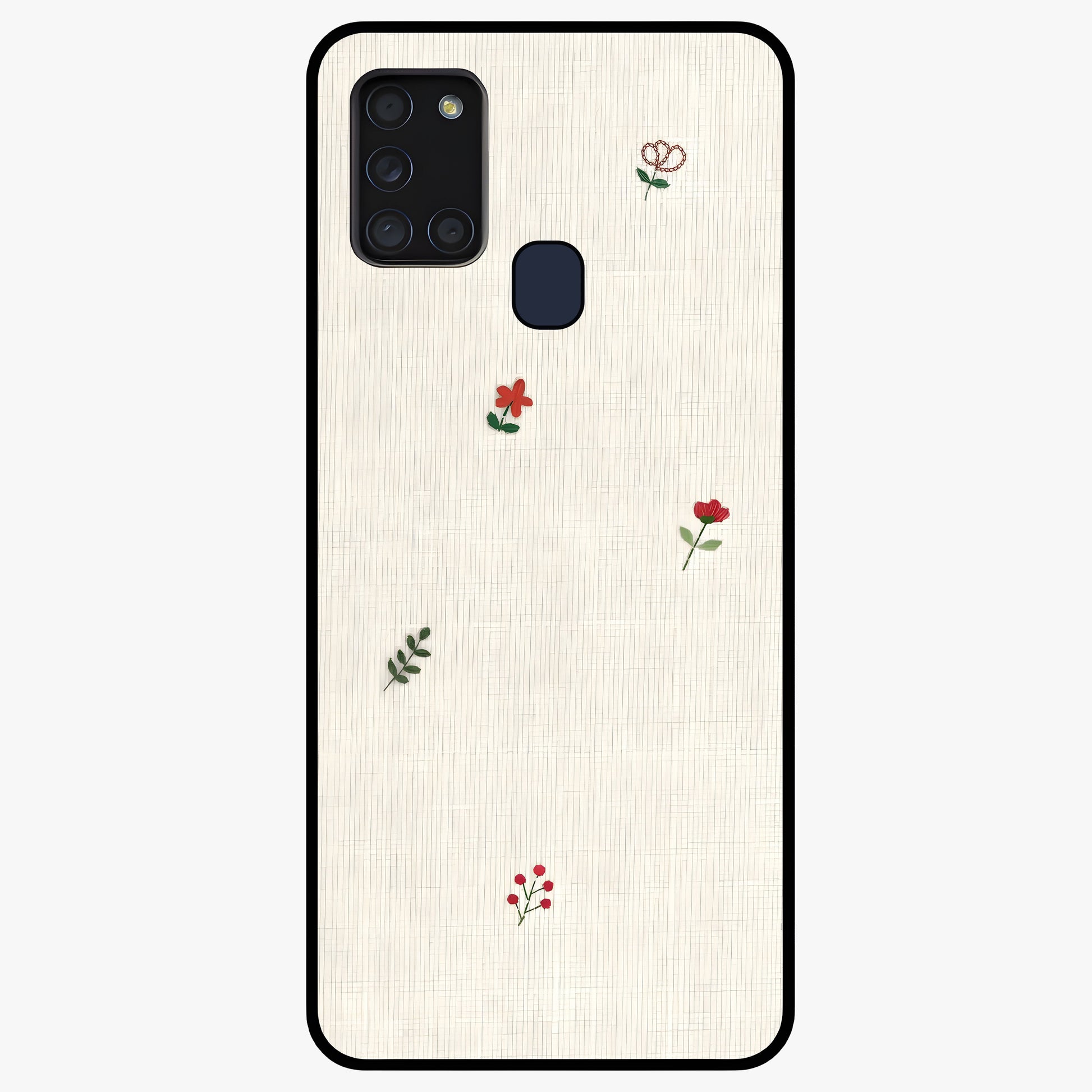 Minimal Petal Whispers Glass Case showing flat back view with soft minimal floral artwork and glossy glass finish.