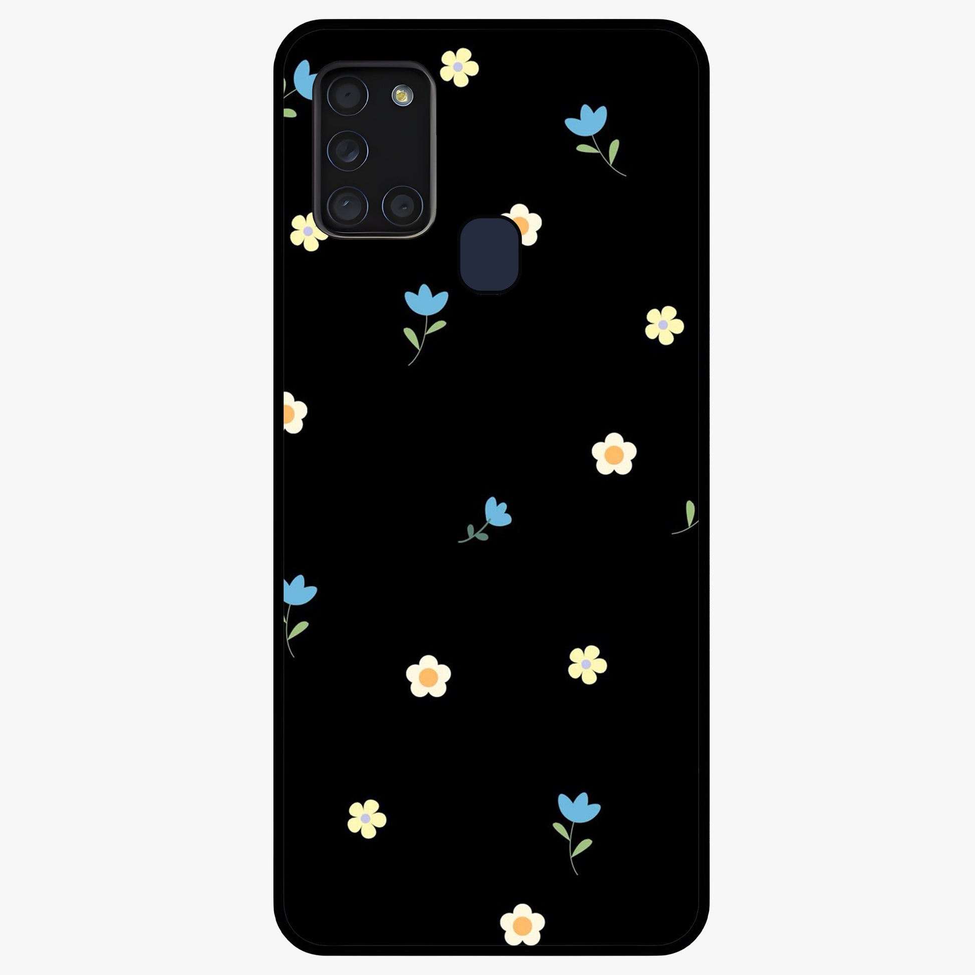 Minimalistic Blue With White Flower Pattern Glass Case showing flat back view with blue background and white flower pattern and glossy glass finish.