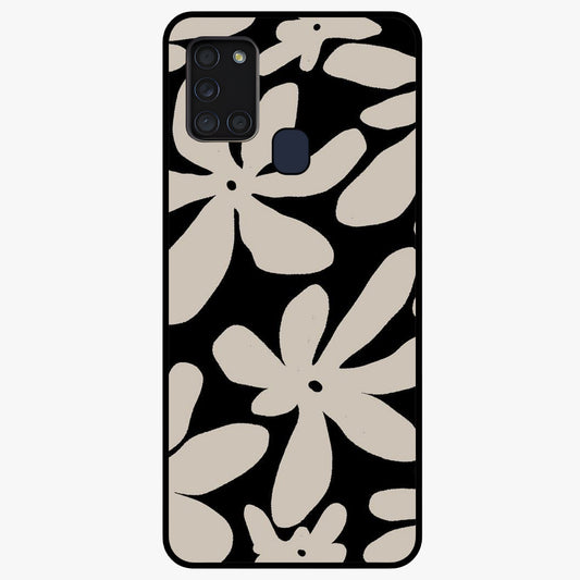 Monochrome Petal Dance Glass Case showing flat back view with monochrome floral artwork and glossy glass finish.