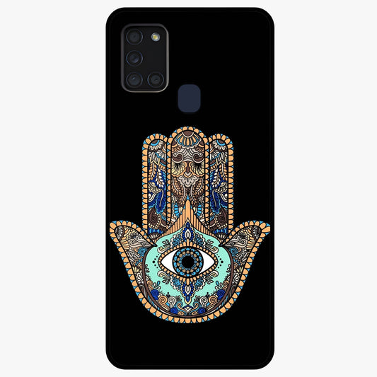 Mystic Hamsa Eye Glass Case showing flat back view with protective hamsa hand and evil eye artwork and glossy glass finish.