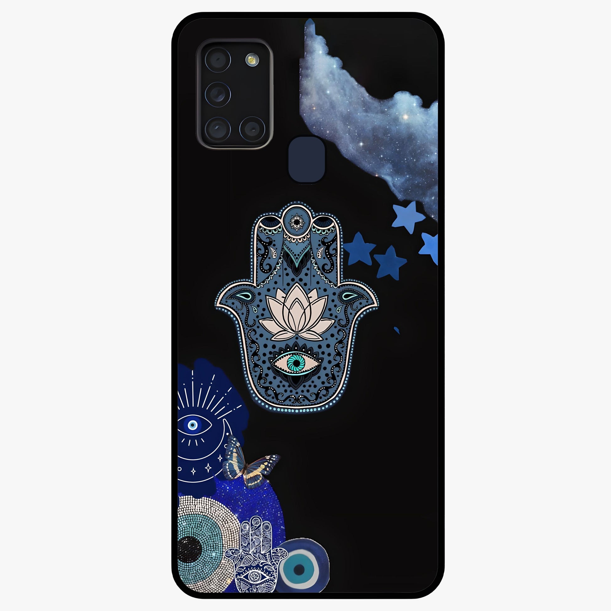 Mystic Hand Aura Glass Case showing flat back view with mystical hand symbol artwork and glossy glass finish.