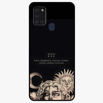 Mystic Victory Aura Glass Case showing flat back view with victory symbol artwork and glossy glass finish.