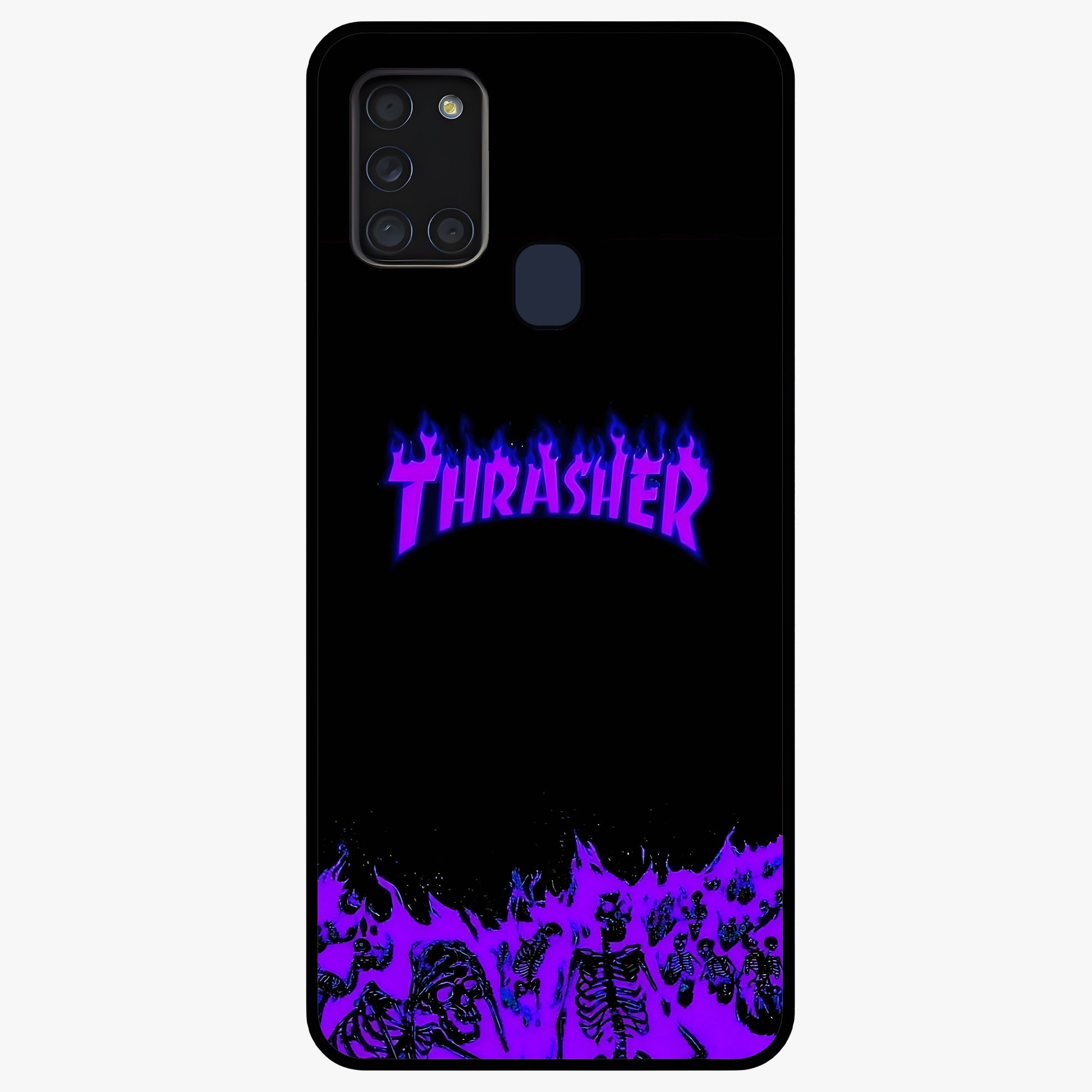 Neon Flame Riot Glass Case showing flat back view with neon flame artwork and glossy glass finish.
