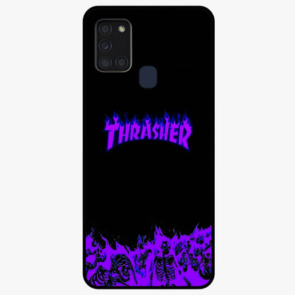 Neon Flame Riot Glass Case showing flat back view with neon flame artwork and glossy glass finish.