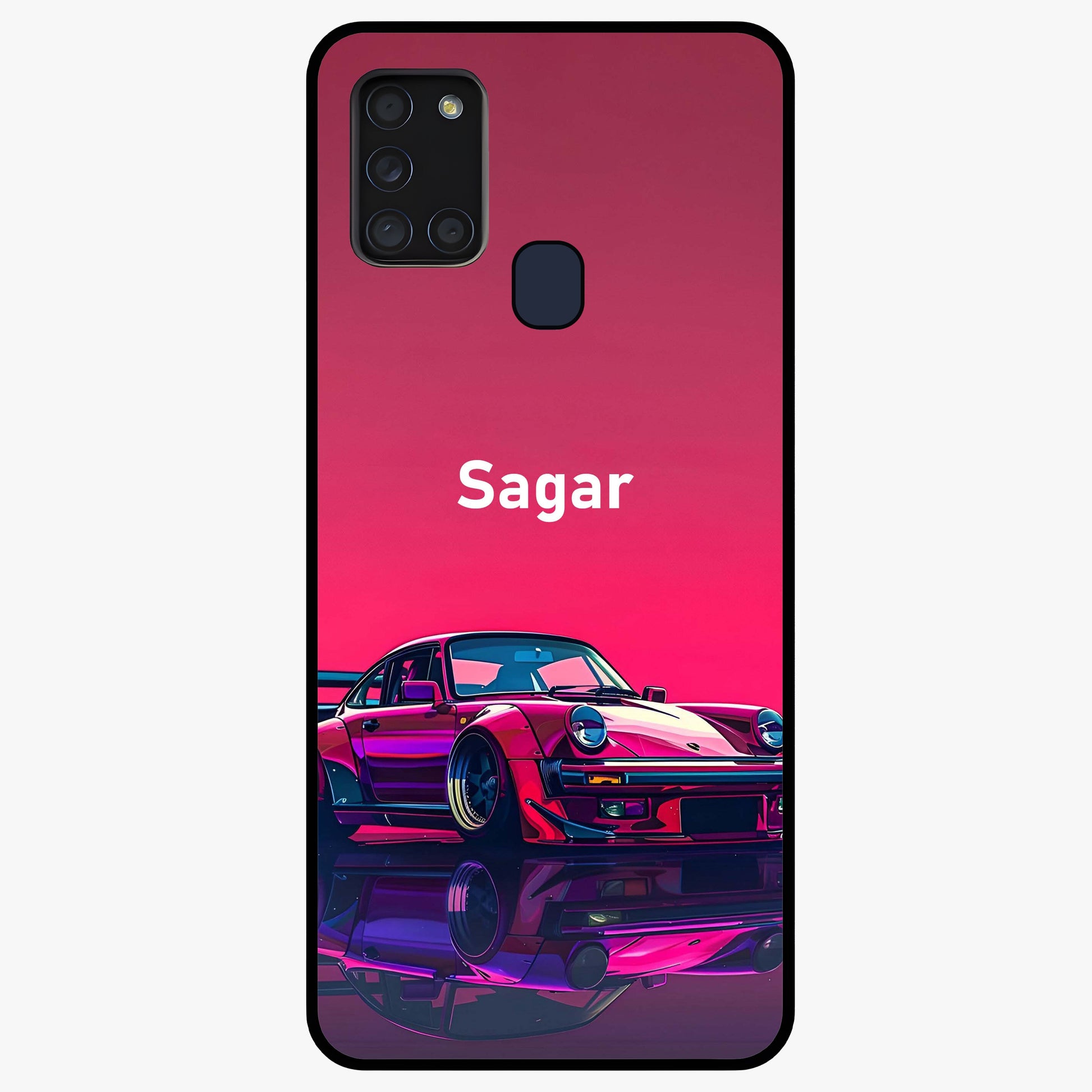 Neon Pink Porsche Glass Case showing flat back view with stylish sports car artwork and glossy glass finish.