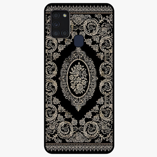Noir Bloom Elegance Glass Case showing flat back view with elegant dark floral artwork and glossy glass finish.