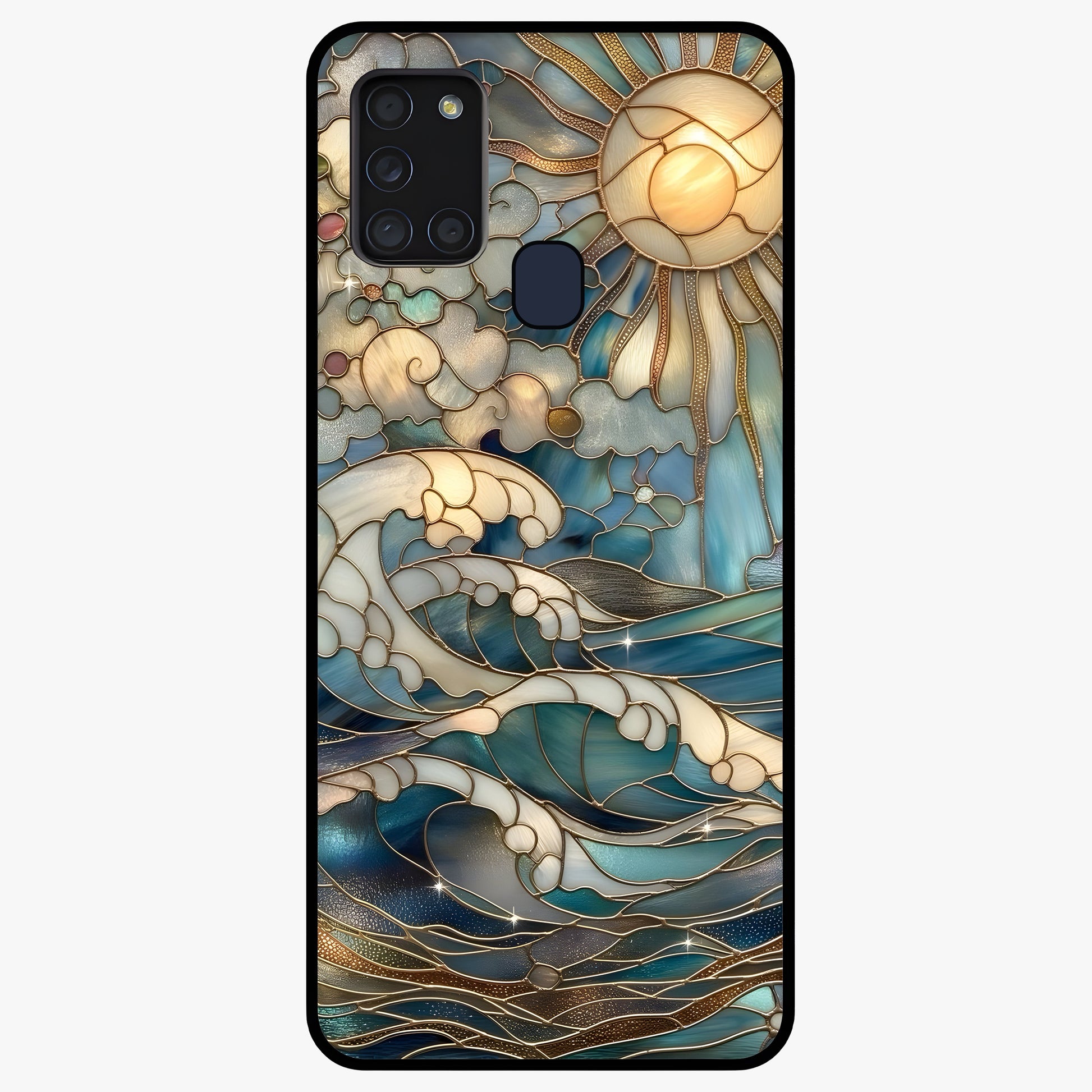 Oceanic Stained Printed Glass Case showing flat back view with ocean inspired stained pattern artwork and glossy glass finish.