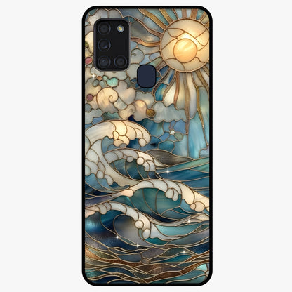 Oceanic Stained Printed Glass Case showing flat back view with ocean inspired stained pattern artwork and glossy glass finish.