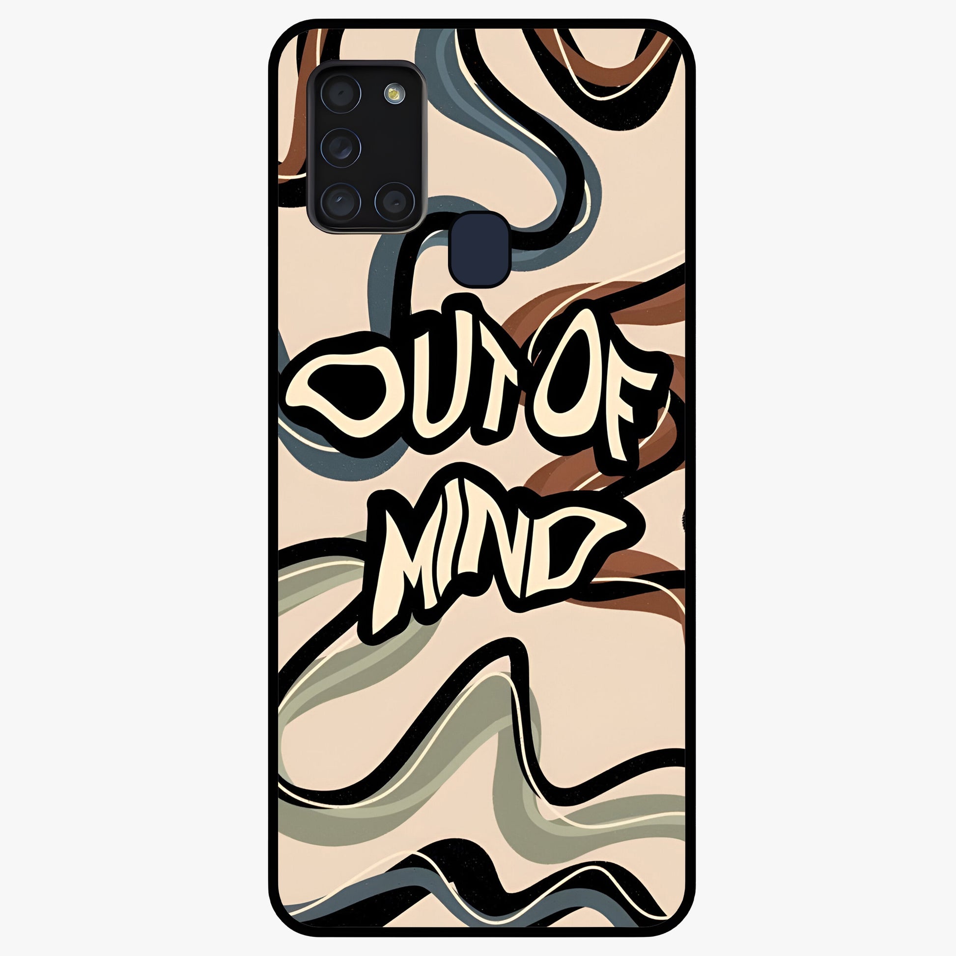 Out Of Mind Glass Case showing flat back view with expressive typography artwork and glossy glass finish.
