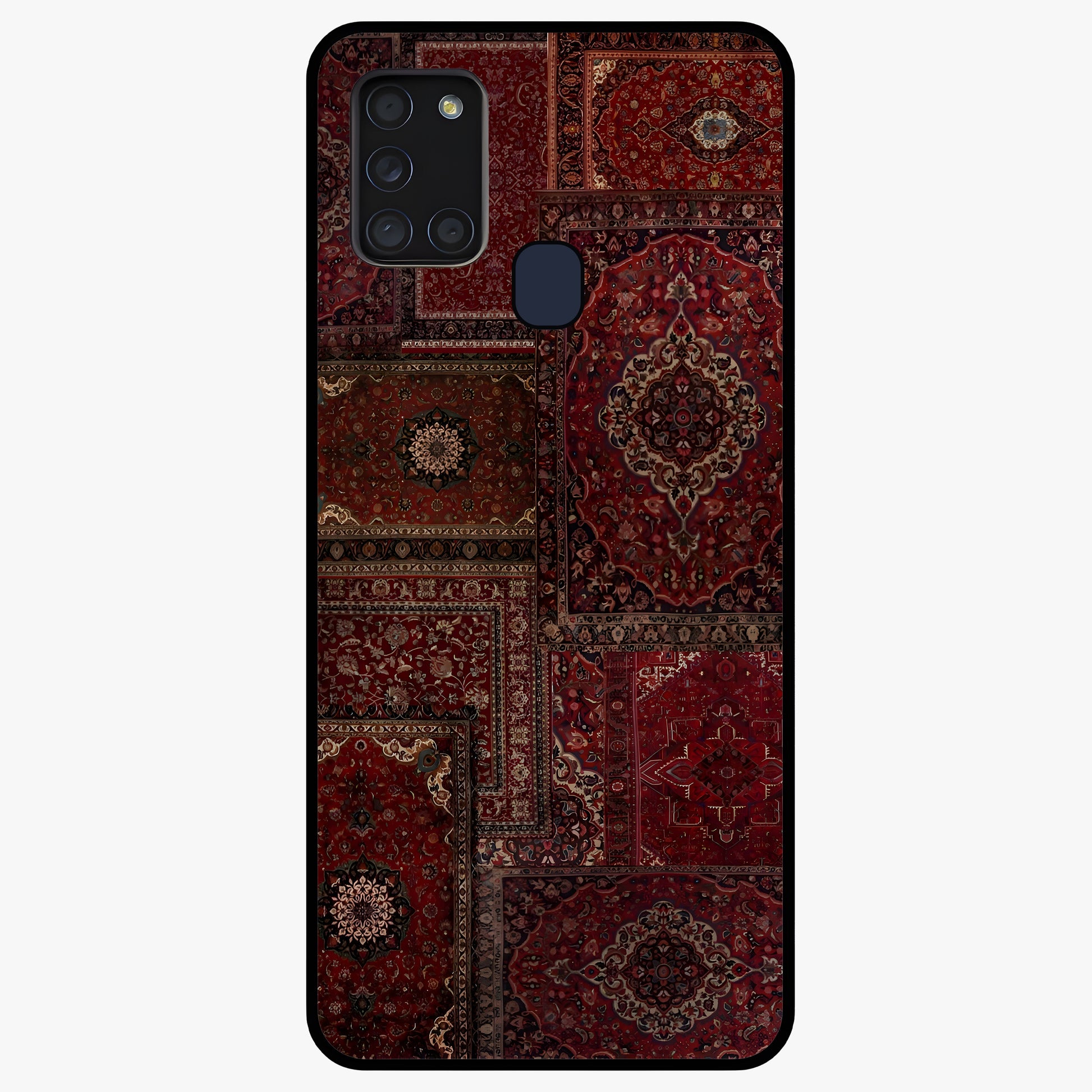 Persian Velvet Tale Glass Case showing flat back view with luxurious Persian velvet pattern artwork and glossy glass finish.