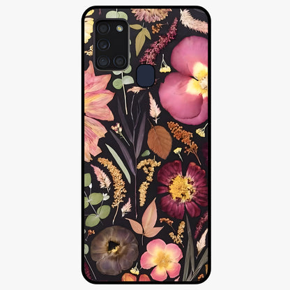 Petal Dream Tapestry Glass Case showing flat back view with intricate floral tapestry artwork and glossy glass finish.