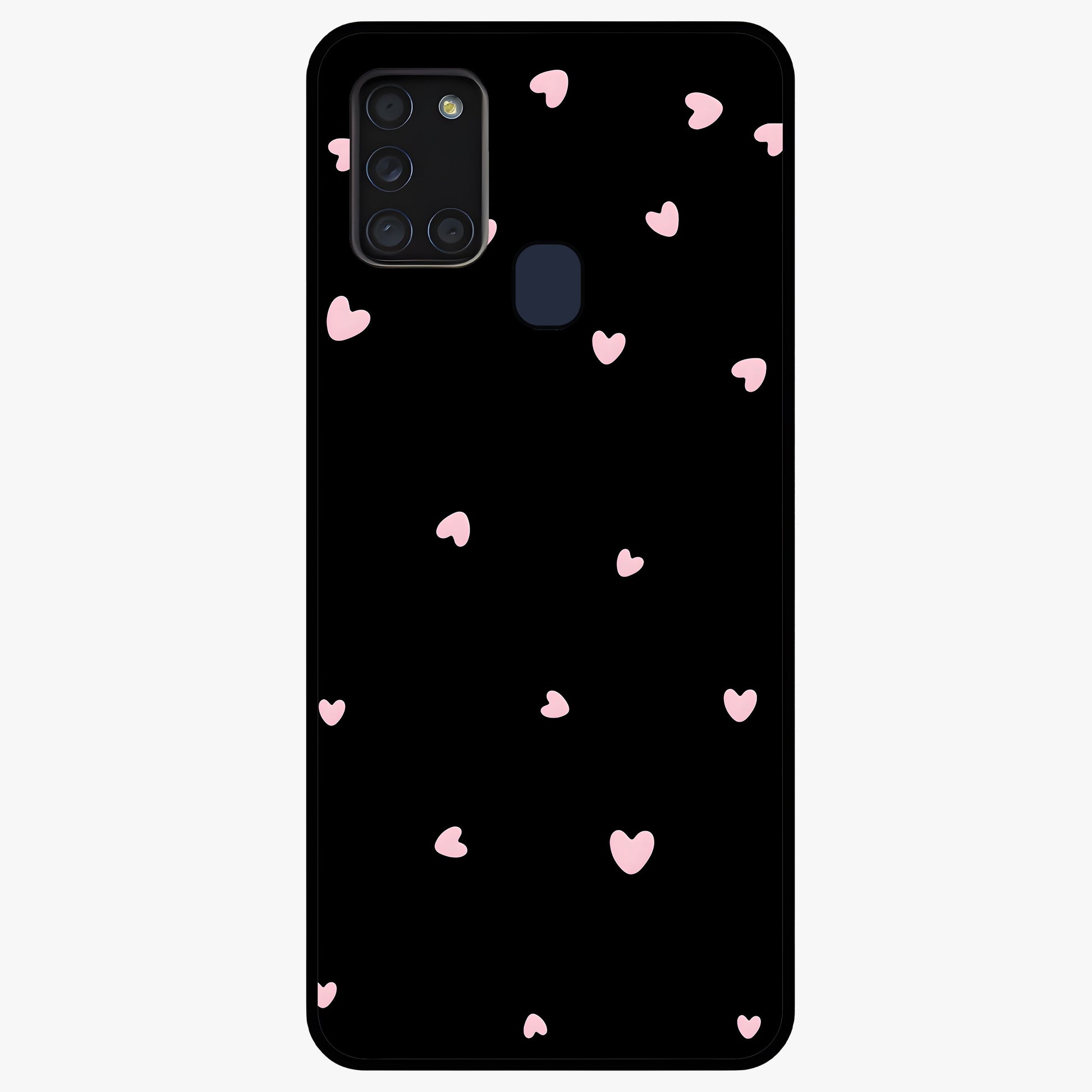 Pink Love Drops Glass Case showing flat back view with playful pink heart drops artwork and glossy glass finish.