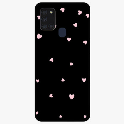 Pink Love Drops Glass Case showing flat back view with playful pink heart drops artwork and glossy glass finish.