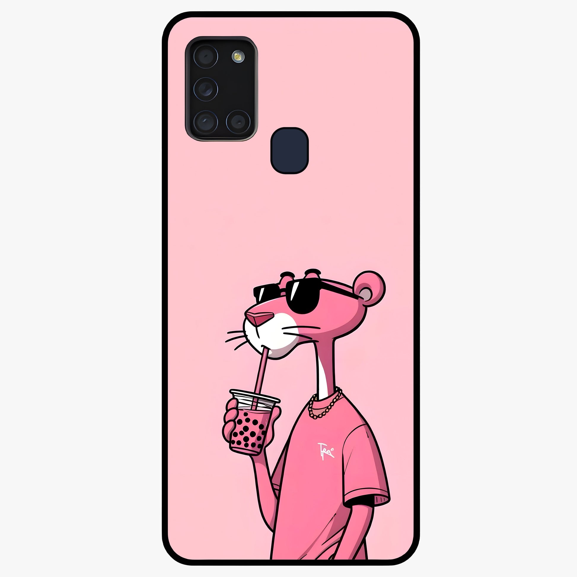 Pink Panther Glass Case showing flat back view with iconic pink panther artwork and glossy glass finish.
