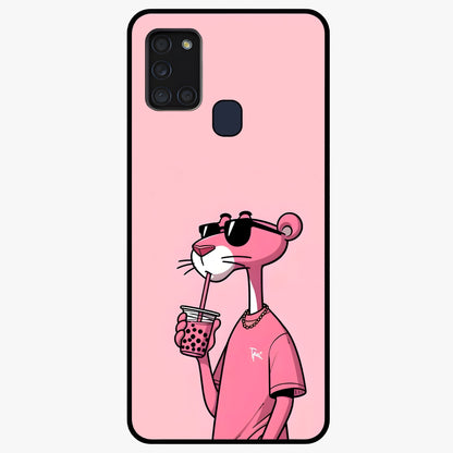 Pink Panther Glass Case showing flat back view with iconic pink panther artwork and glossy glass finish.