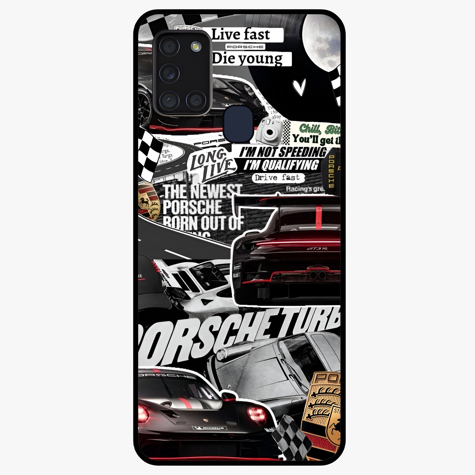 Porsche Racing Collage Glass Case showing flat back view with sports car racing collage artwork and glossy glass finish.