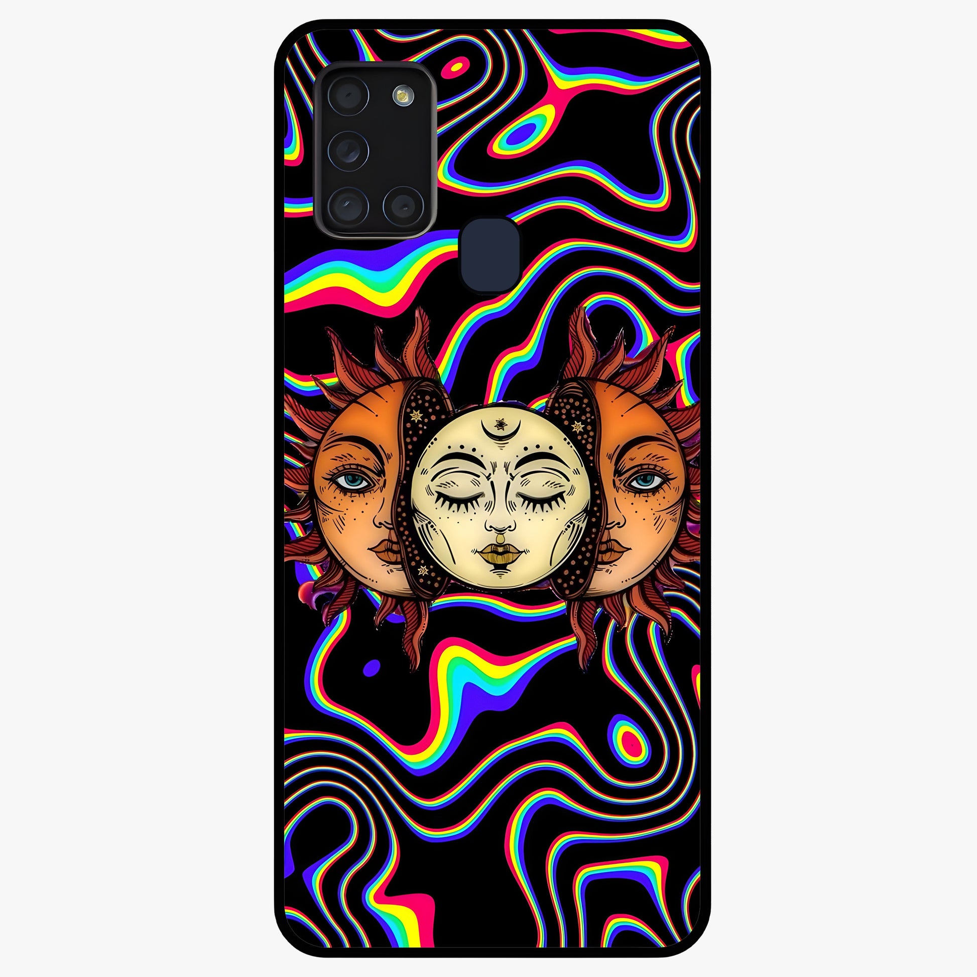 Psychedelic Sun Glass Case showing flat back view with colorful psychedelic sun artwork and glossy glass finish.